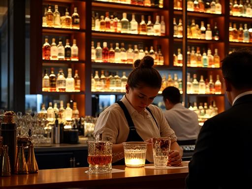 The hotel's bar counter with a bartender preparing a cocktail
