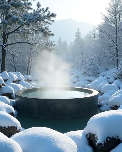 Outdoor onsen bath covered in snow