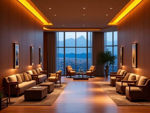 Hotel lobby in the evening with warm lighting